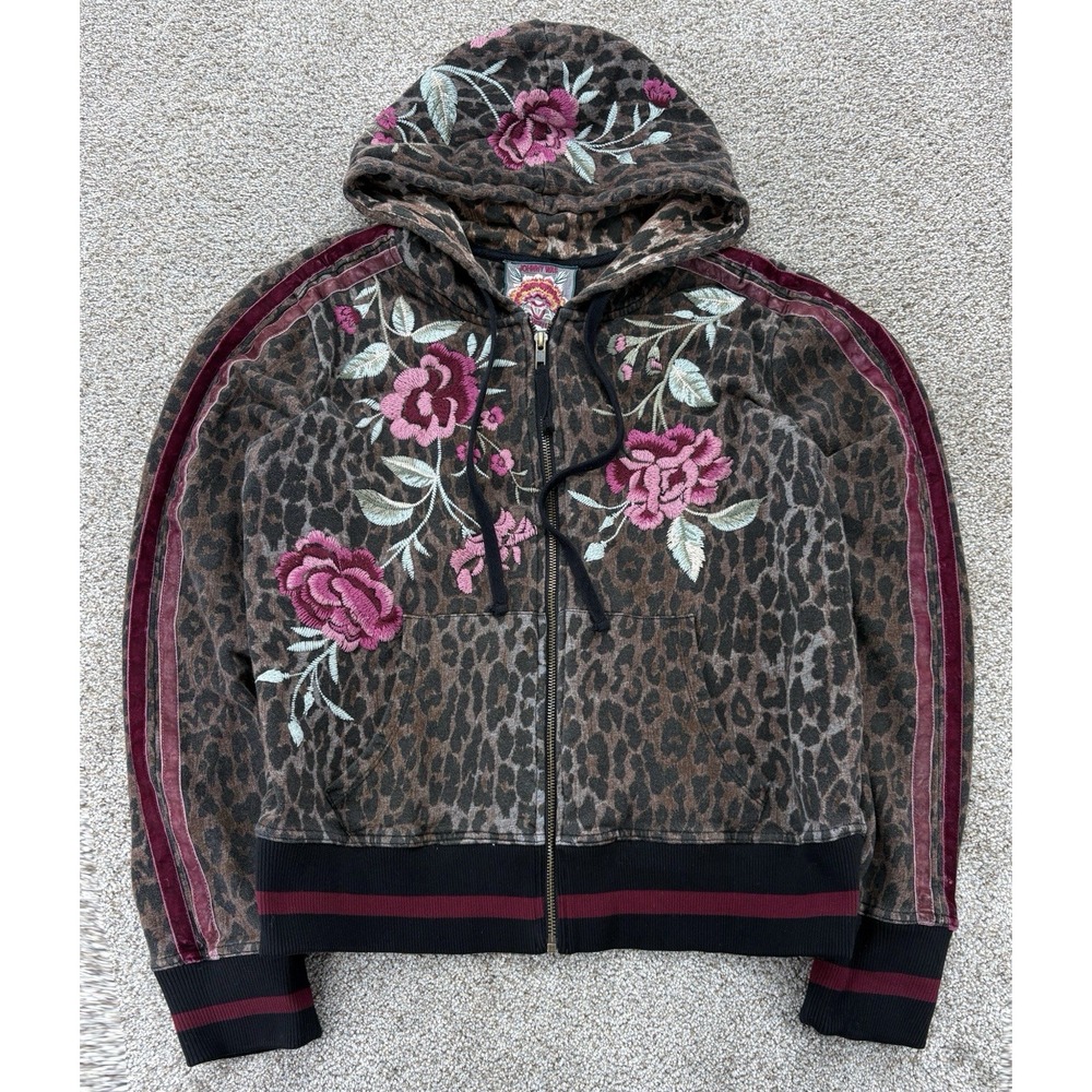 Johnny Was Erin Athletic Leopard Floral Zip Hoodie Size S Embroidered Boho JWLA